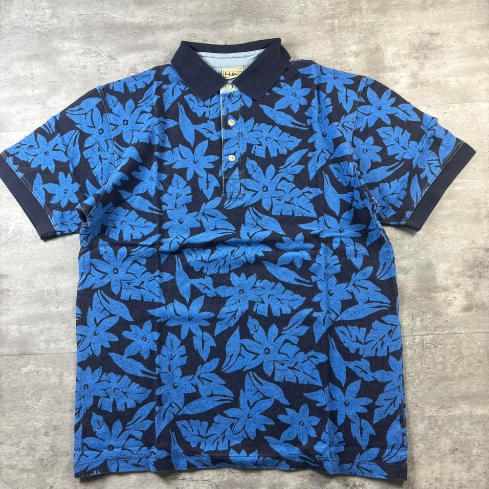LL Bean Polo Tee Mens Medium Blue Vintage 90s Hawaiian Floral Hibiscus Short Slv